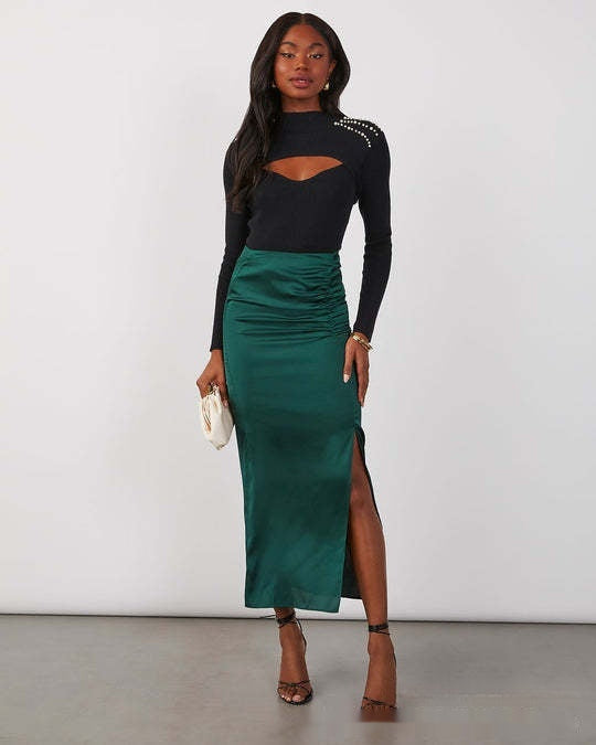 Stitching Split Elegant Silky Draping Satin Sheath Dress