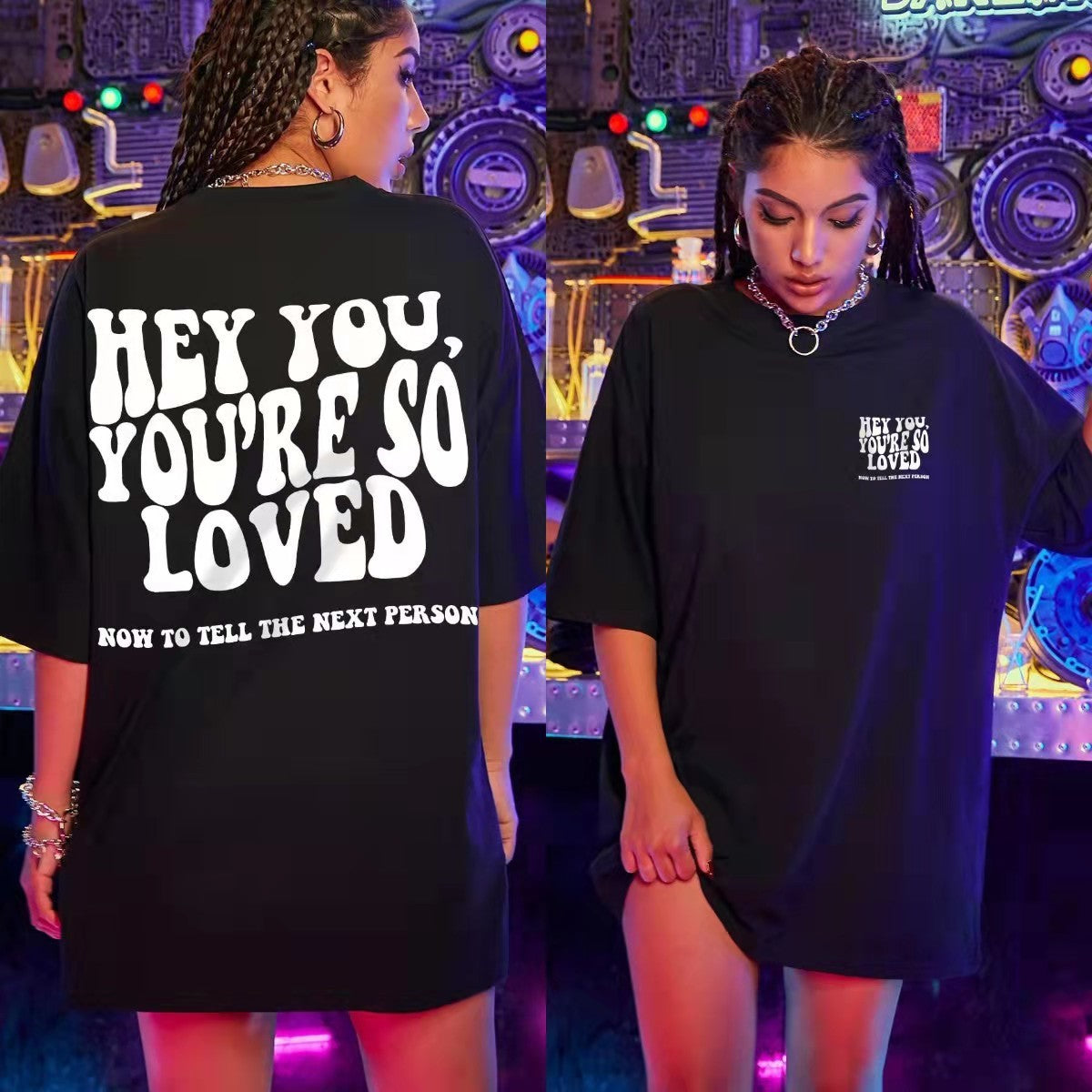 Front And Back Letter Print European And American Drop Shoulder Short Sleeves